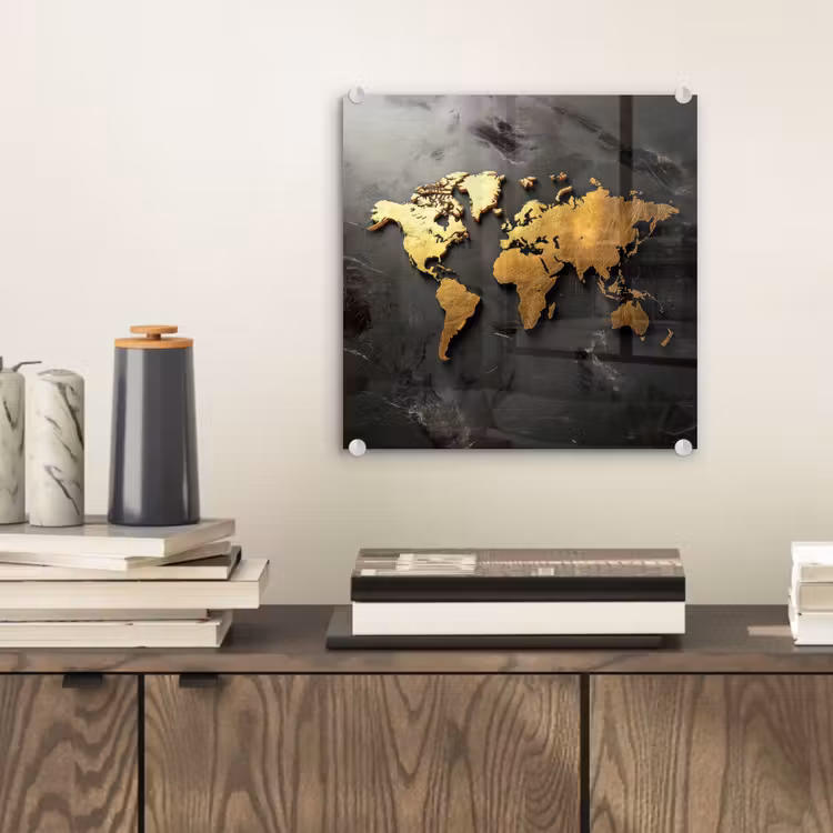 Wereldkaart - Driedimensionaal - Realistisch - Zwart plexiglas 5mm klein -sfeer1