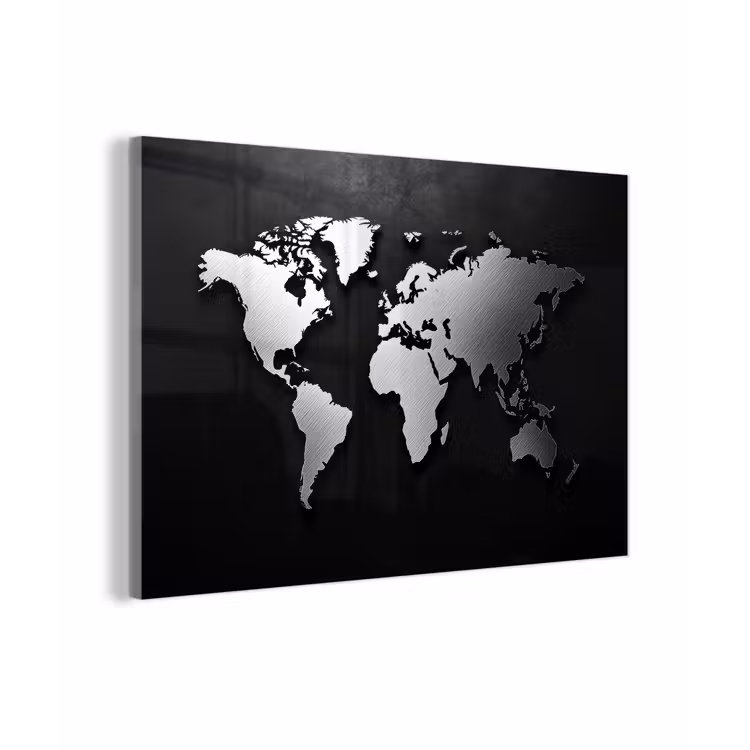 Wereldkaart - Donker - Zilver - Zwart plexiglas 5mm klein -z3d