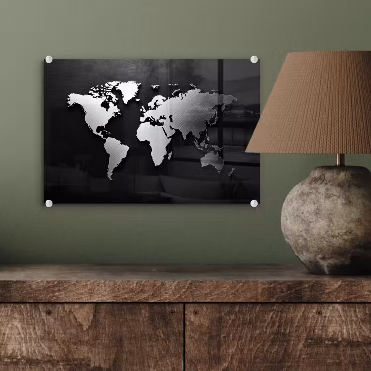 Wereldkaart - Donker - Zilver - Zwart plexiglas 5mm klein -sfeer3