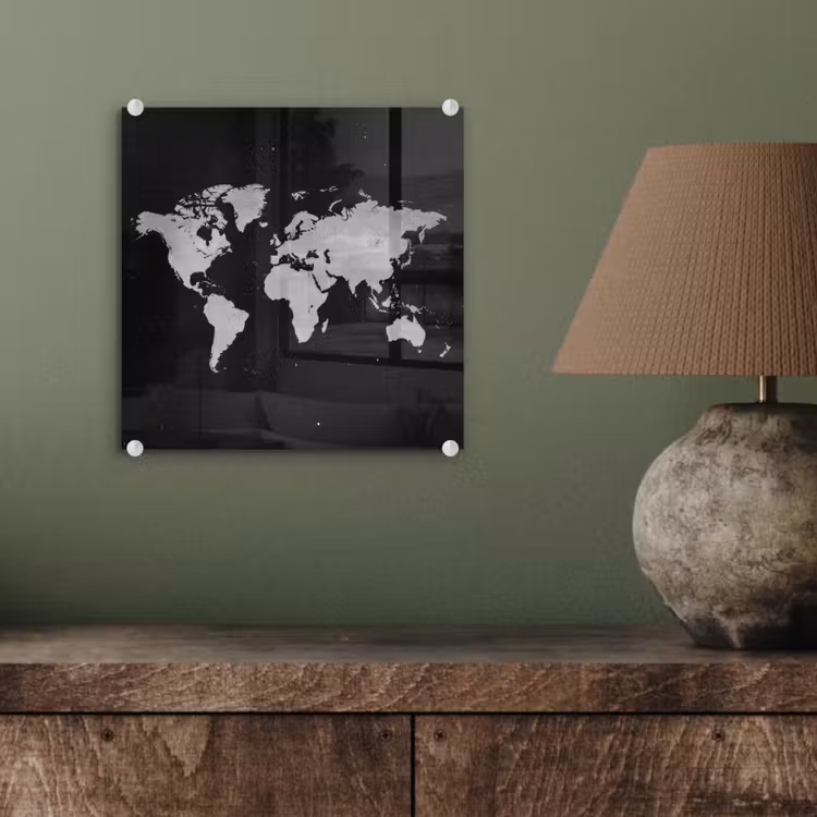 Wereldkaart - Duister - Wit plexiglas 5mm klein -sfeer3