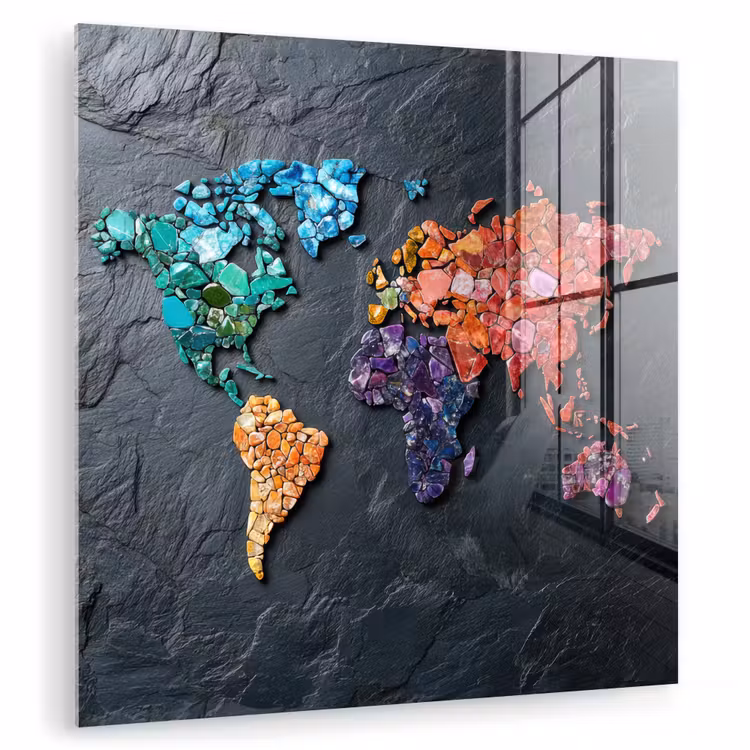 Wereldkaart - Edelstenen - Regenboog - Ruw plexiglas 5mm klein -zzzproduct_nieuw