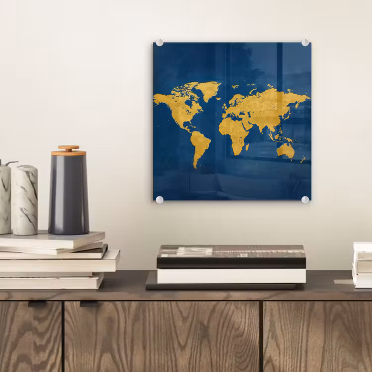 Wereldkaart - Elegant - Blauw plexiglas 5mm klein -sfeer1