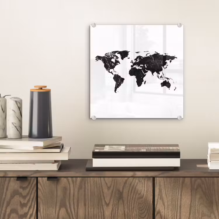 Wereldkaart - Verf - Zwart - Wit plexiglas 5mm klein -sfeer1