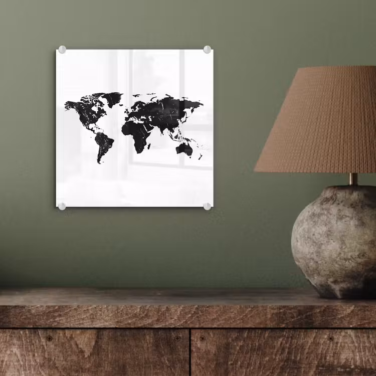 Wereldkaart - Verf - Zwart - Wit plexiglas 5mm klein -sfeer3