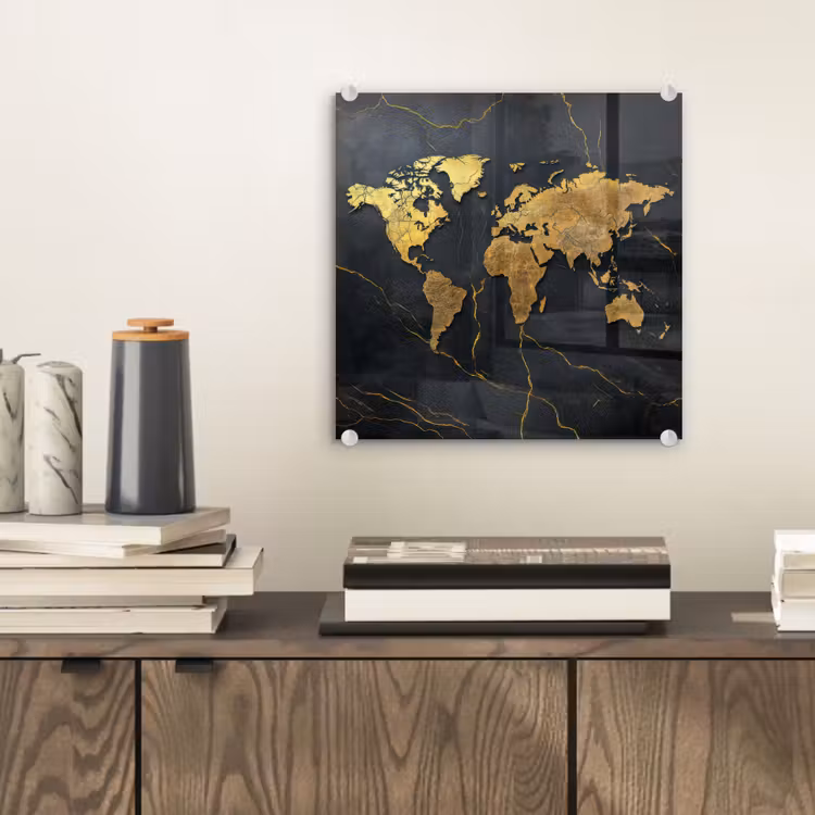 Wereldkaart - Fijne gravures - Marmer plexiglas 5mm klein -sfeer1
