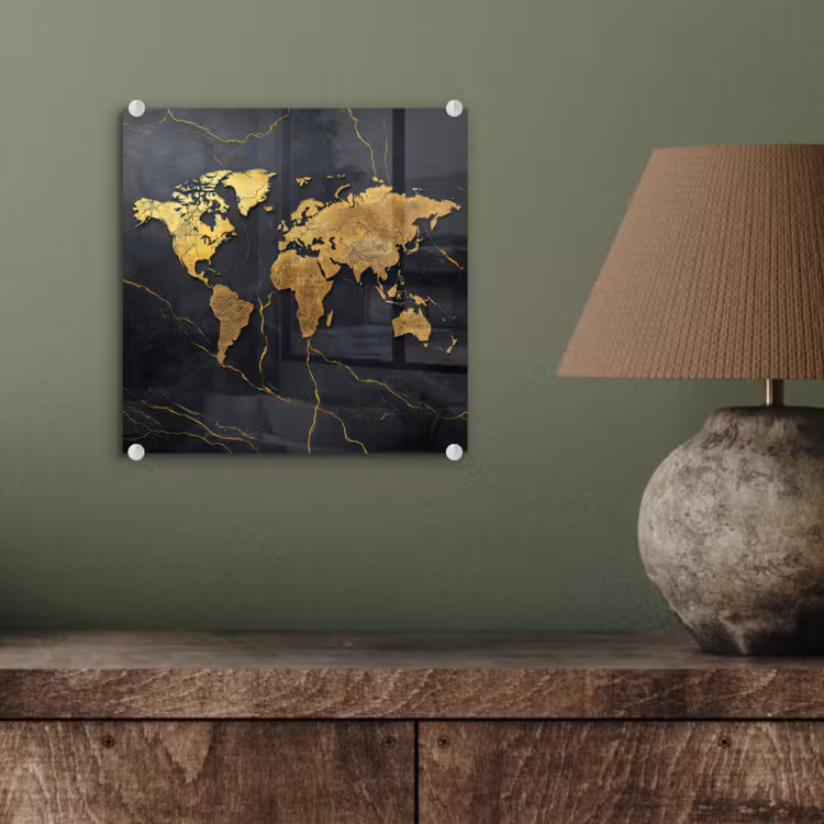 Wereldkaart - Fijne gravures - Marmer plexiglas 5mm klein -sfeer3