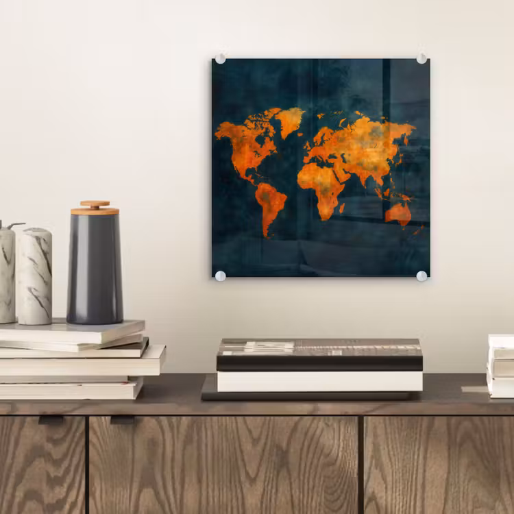 Wereldkaart - Vurige kleuren - Expressieve stijl plexiglas 5mm klein -sfeer1