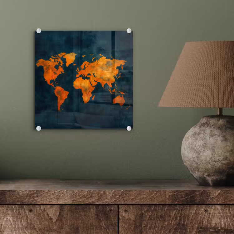 Wereldkaart - Vurige kleuren - Expressieve stijl plexiglas 5mm klein -sfeer3
