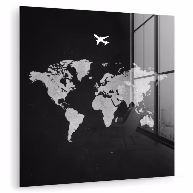 Wereldkaart - Vliegtuig - Zwart plexiglas 5mm klein -zzzproduct_nieuw