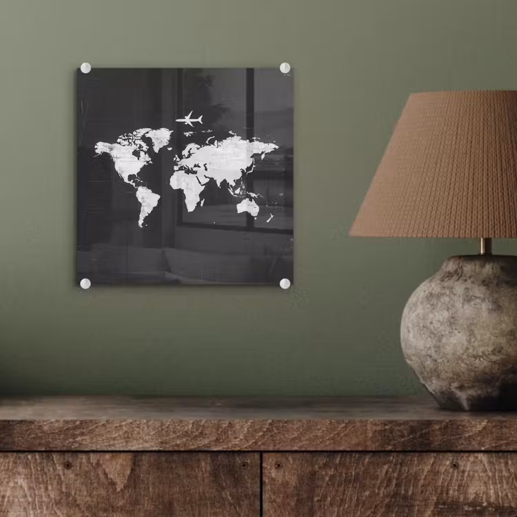 Wereldkaart - Vliegtuig - Zwart - Vintage plexiglas 5mm klein -sfeer3
