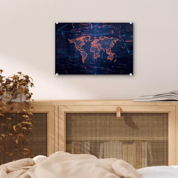Wereldkaart - Futuristisch - Oranje plexiglas 5mm klein -sfeer3