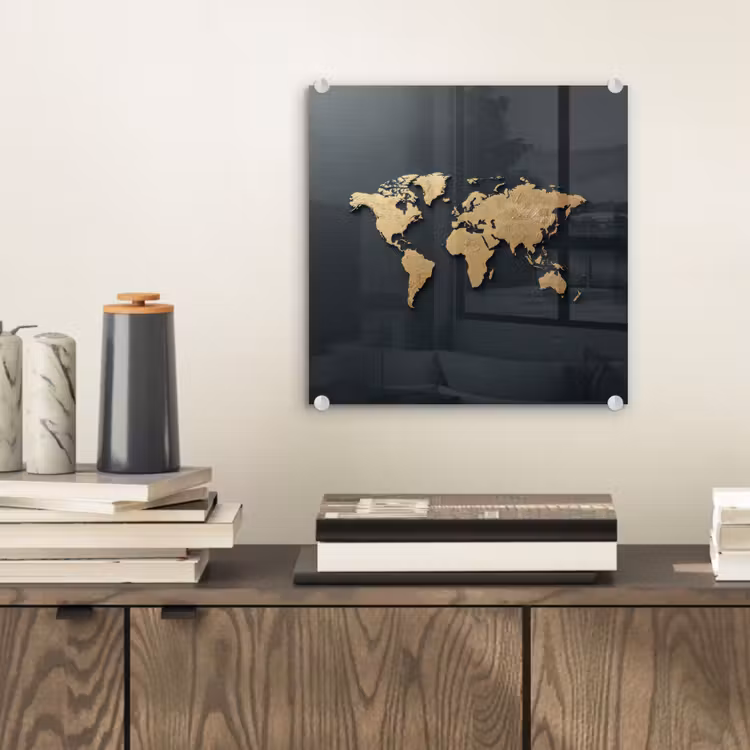 Wereldkaart - Geografische kenmerken - Zwart plexiglas 5mm klein -sfeer1