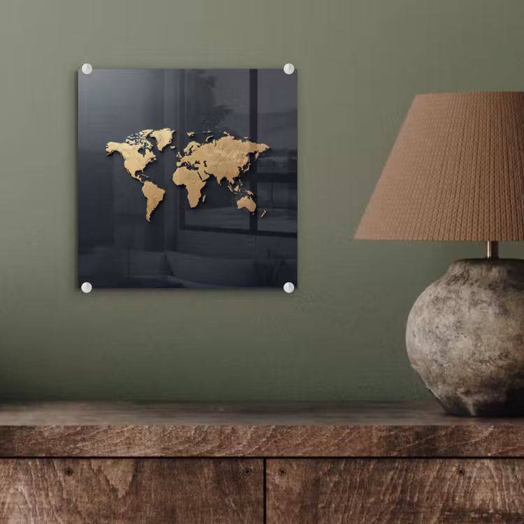 Wereldkaart - Geografische kenmerken - Zwart plexiglas 5mm klein -sfeer3