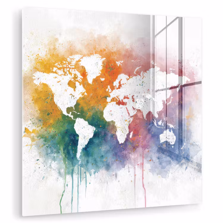 Wereldkaart - Omlijst - Verfspatten - Regenboogkleuren plexiglas 5mm klein -zzzproduct_nieuw