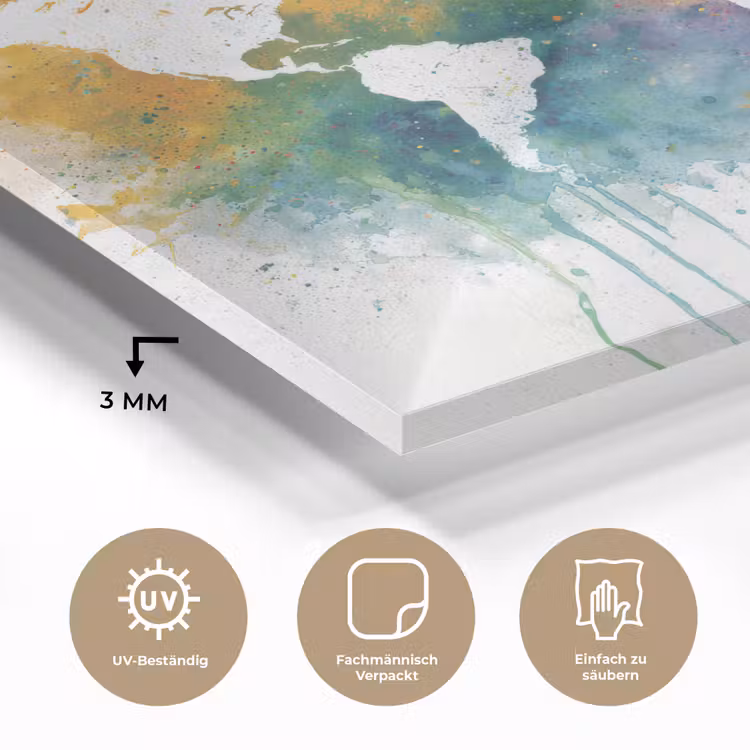 Wereldkaart - Omlijst - Verfspatten - Regenboogkleuren plexiglas 5mm klein -wsfeer2_DE