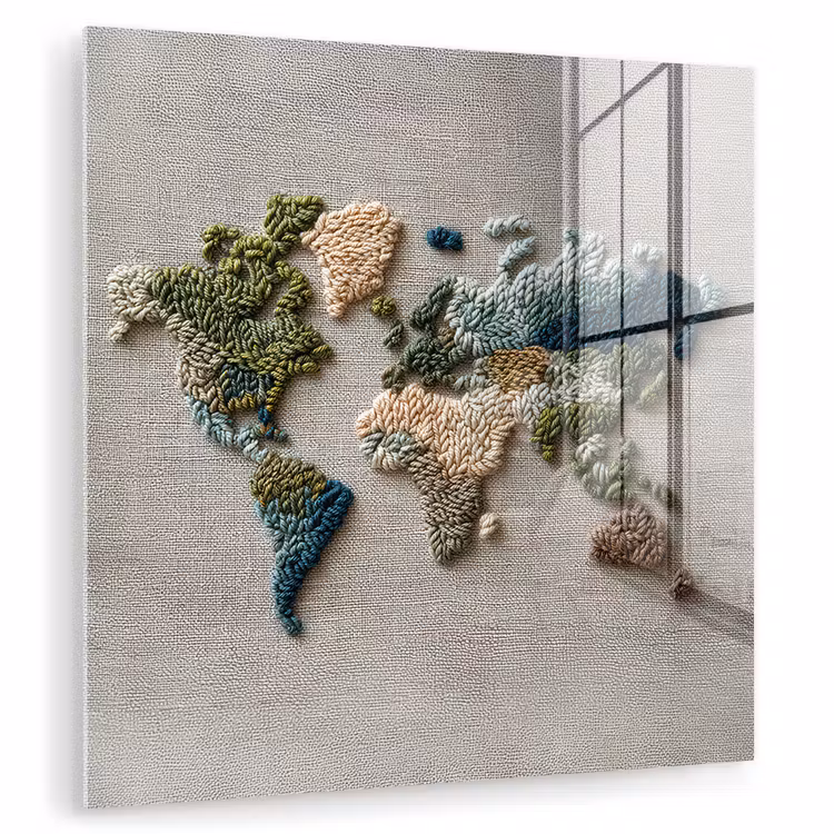 Wereldkaart - Geborduurd - Aardetinten plexiglas 5mm klein -zzzproduct_nieuw