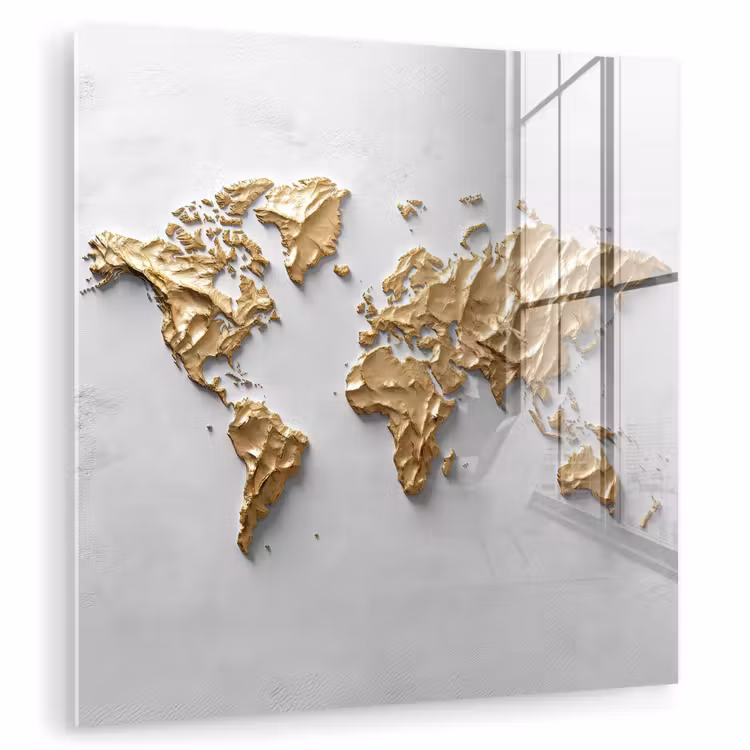 Wereldkaart - Egaal wit - Grof goud plexiglas 5mm klein -zzzproduct_nieuw