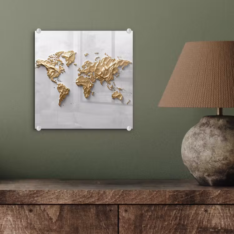 Wereldkaart - Egaal wit - Grof goud plexiglas 5mm klein -sfeer3