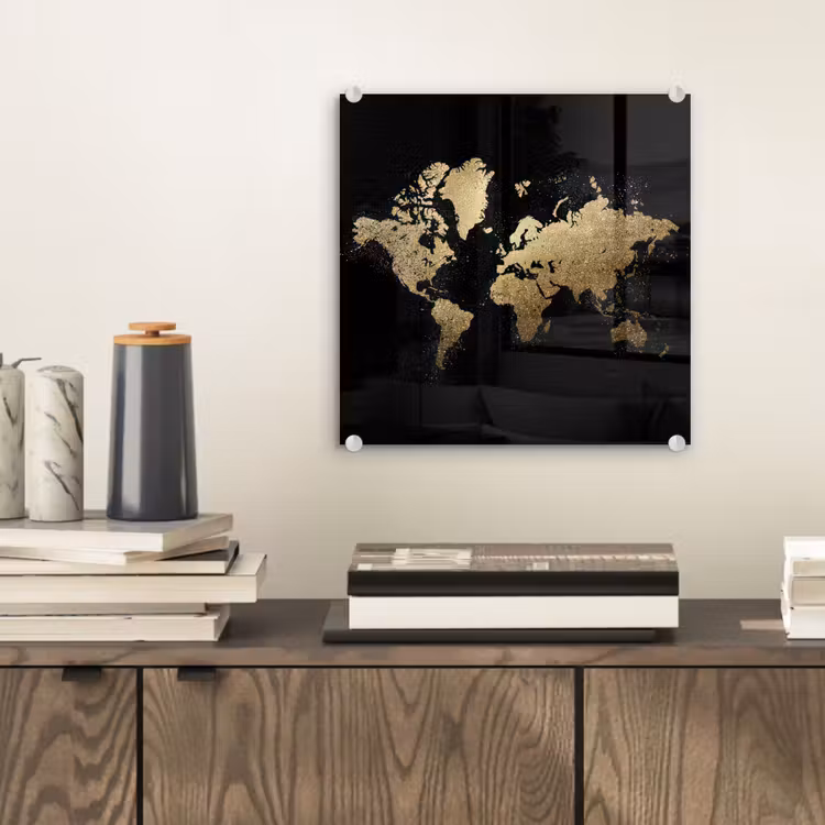Wereldkaart - Glitter - Zwart plexiglas 5mm klein -sfeer1