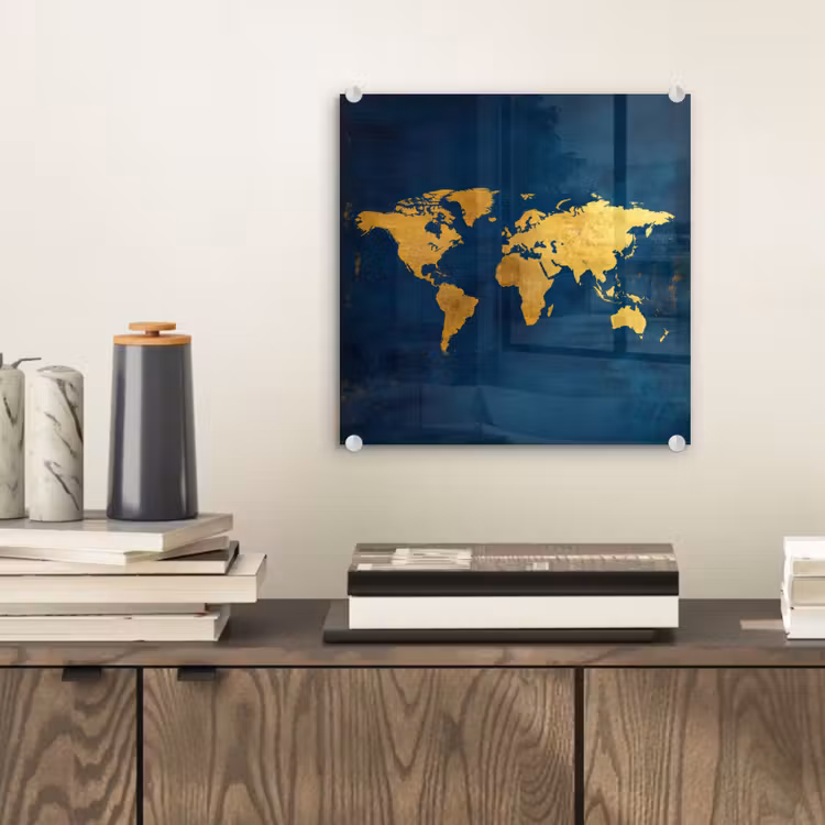 Wereldkaart - Goud - Donkerblauw plexiglas 5mm klein -sfeer1