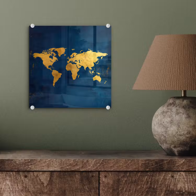 Wereldkaart - Goud - Donkerblauw plexiglas 5mm klein -sfeer3