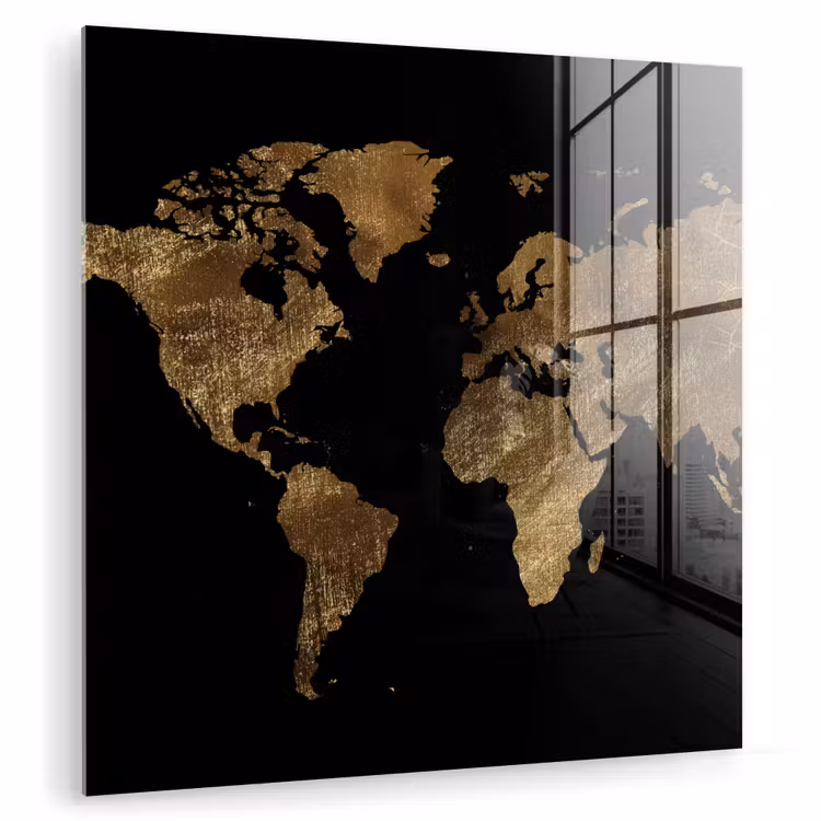 Wereldkaart - Goud - Luxe - Aarde - Zwart plexiglas 5mm klein -zzzproduct_nieuw