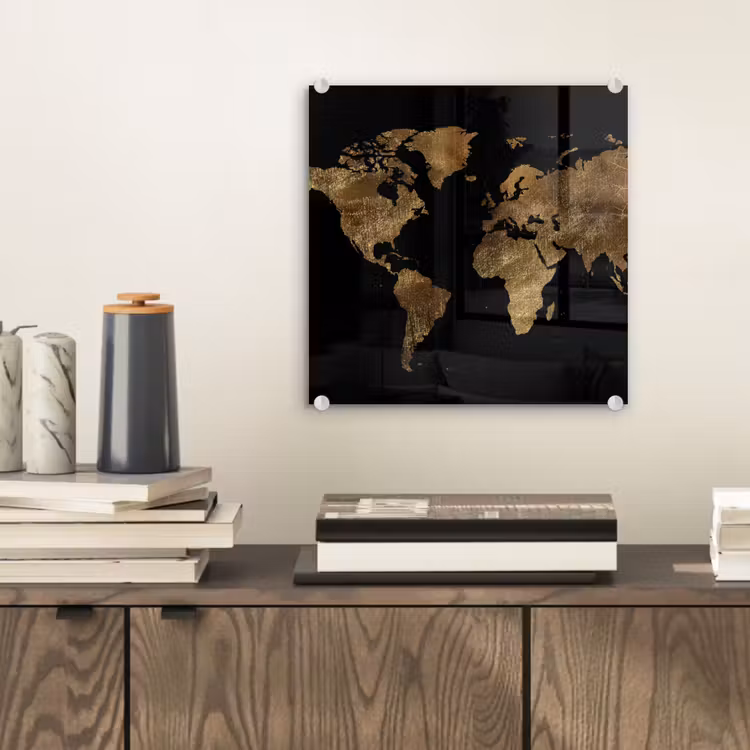 Wereldkaart - Goud - Luxe - Aarde - Zwart plexiglas 5mm klein -sfeer1