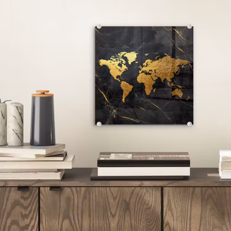 Wereldkaart - Goud - Marmer plexiglas 5mm klein -sfeer1