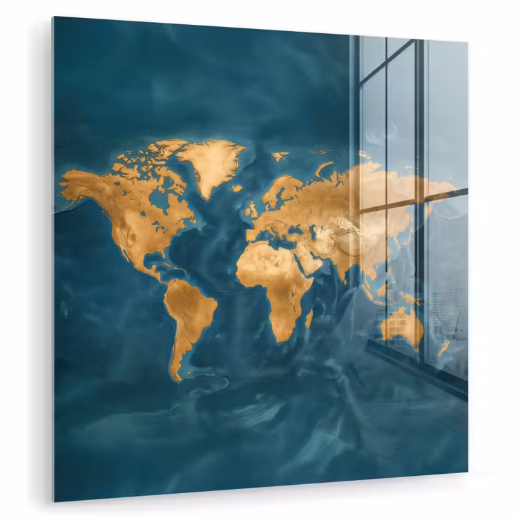 Wereldkaart - Goud - Oceaanblauw plexiglas 5mm klein -zzzproduct_nieuw