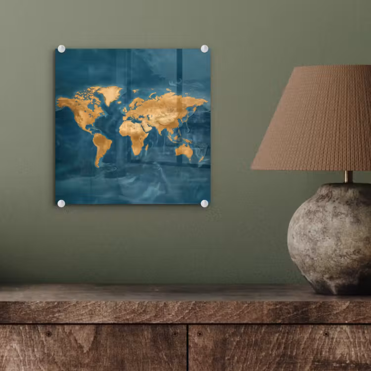 Wereldkaart - Goud - Oceaanblauw plexiglas 5mm klein -sfeer3