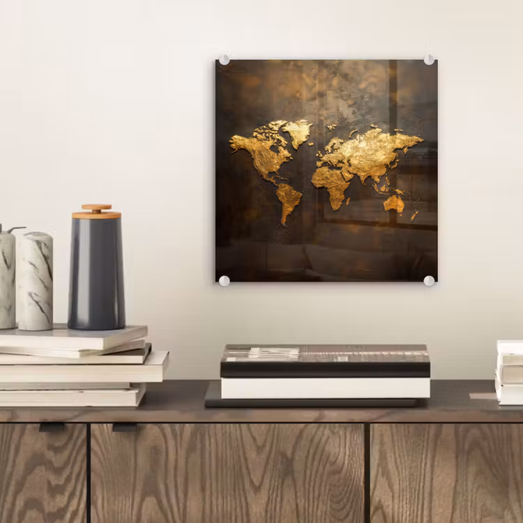 Wereldkaart - Goud - Roest plexiglas 5mm klein -sfeer1