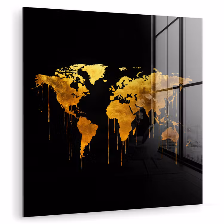 Wereldkaart - Goud - Druipen - Zwart plexiglas 5mm klein -zzzproduct_nieuw