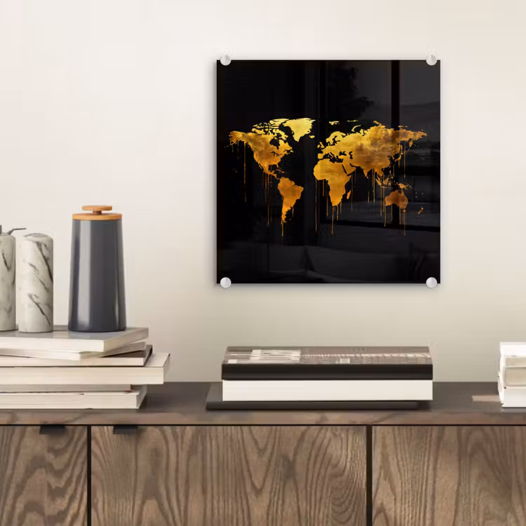 Wereldkaart - Goud - Druipen - Zwart plexiglas 5mm klein -sfeer1