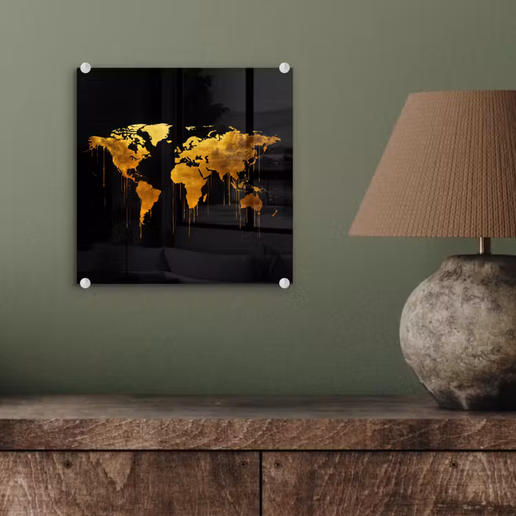 Wereldkaart - Goud - Druipen - Zwart plexiglas 5mm klein -sfeer3