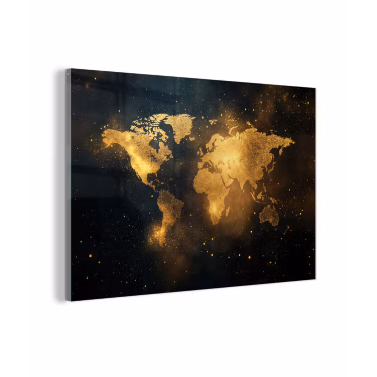 Wereldkaart - Gouden lichtpuntjes - Zwart plexiglas 5mm klein -z3d