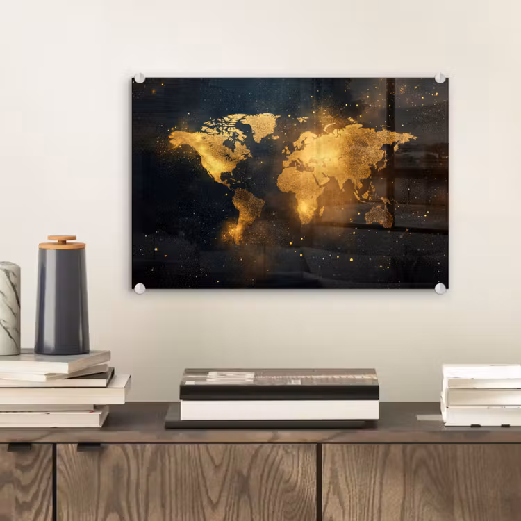 Wereldkaart - Gouden lichtpuntjes - Zwart plexiglas 5mm klein -sfeer1