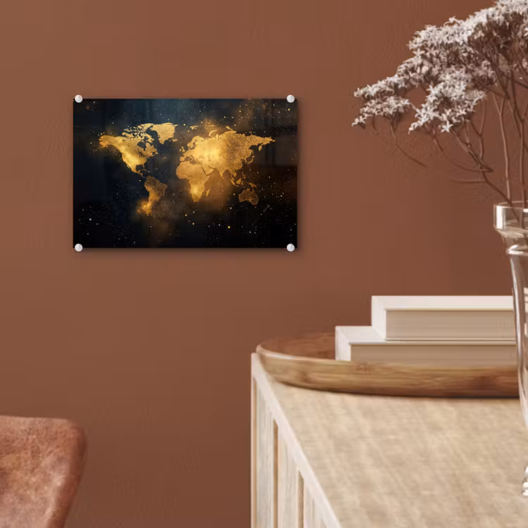 Wereldkaart - Gouden lichtpuntjes - Zwart plexiglas 5mm klein -sfeer5
