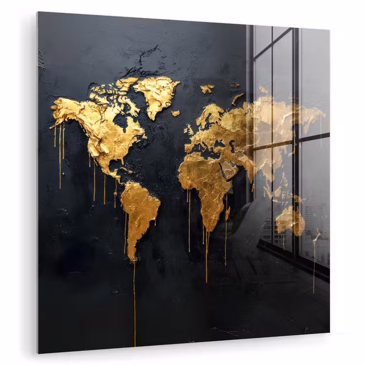 Wereldkaart - Gouden verf - Druppels - Zwart plexiglas 5mm klein -zzzproduct_nieuw