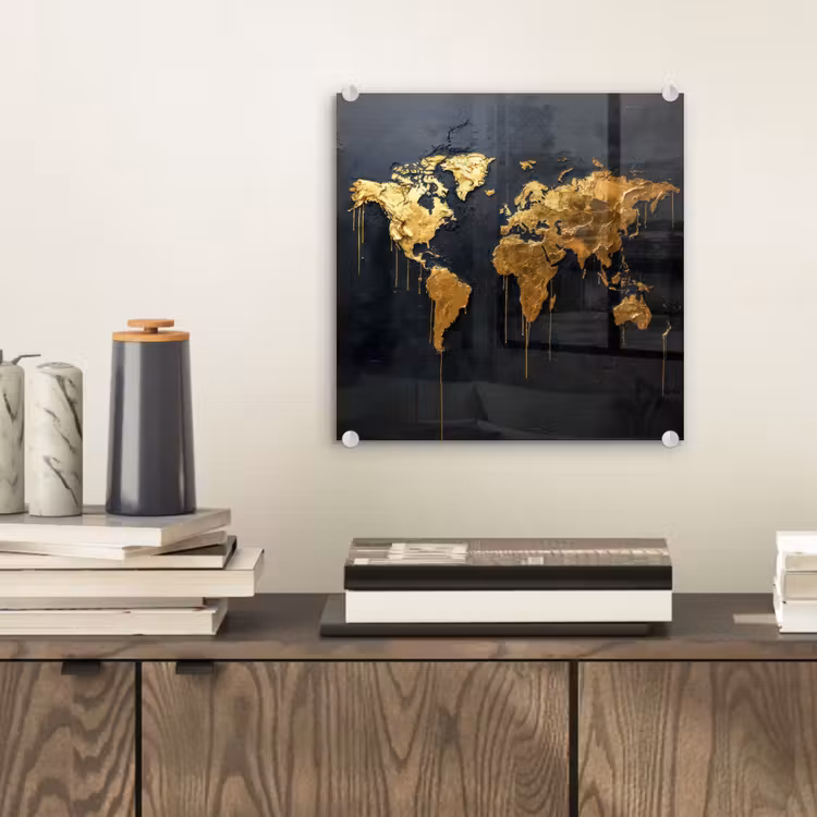Wereldkaart - Gouden verf - Druppels - Zwart plexiglas 5mm klein -sfeer1