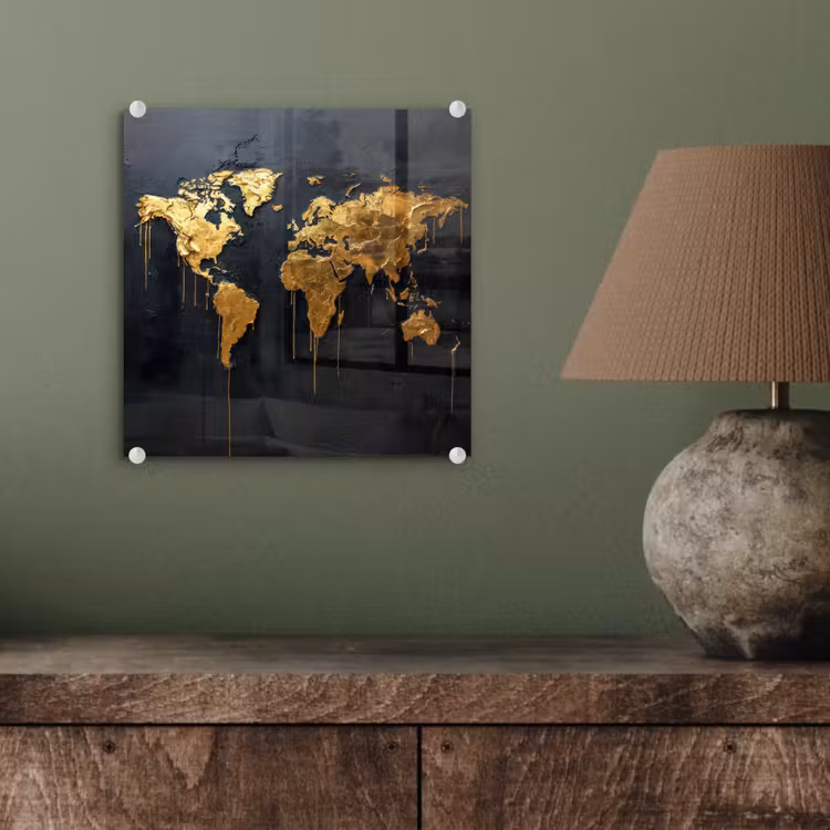 Wereldkaart - Gouden verf - Druppels - Zwart plexiglas 5mm klein -sfeer3