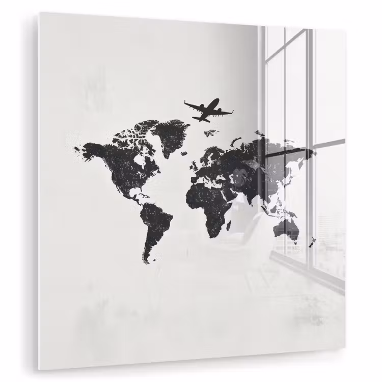 Wereldkaart - Grijs - Zwart - Vliegtuig plexiglas 5mm klein -zzzproduct_nieuw