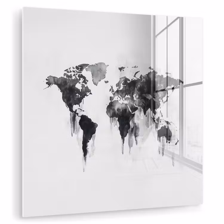 Wereldkaart - Grijs - Zwart - Inkt plexiglas 5mm klein -zzzproduct_nieuw