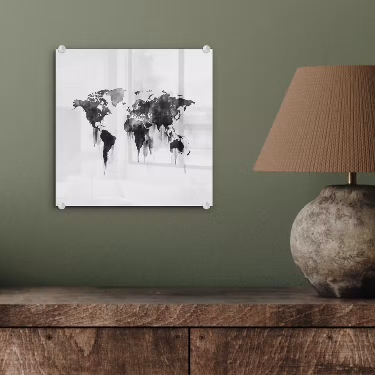 Wereldkaart - Grijs - Zwart - Inkt plexiglas 5mm klein -sfeer3