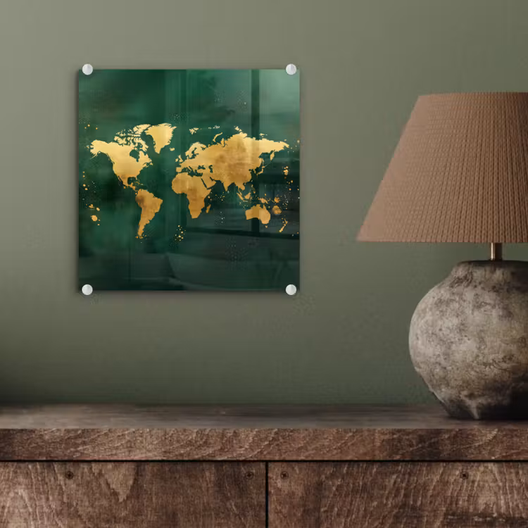 Wereldkaart - Groen - Goud plexiglas 5mm klein -sfeer3