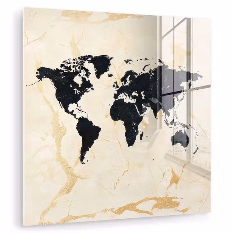 Wereldkaart - Licht marmer - Zwart plexiglas 5mm klein -zzzproduct_nieuw