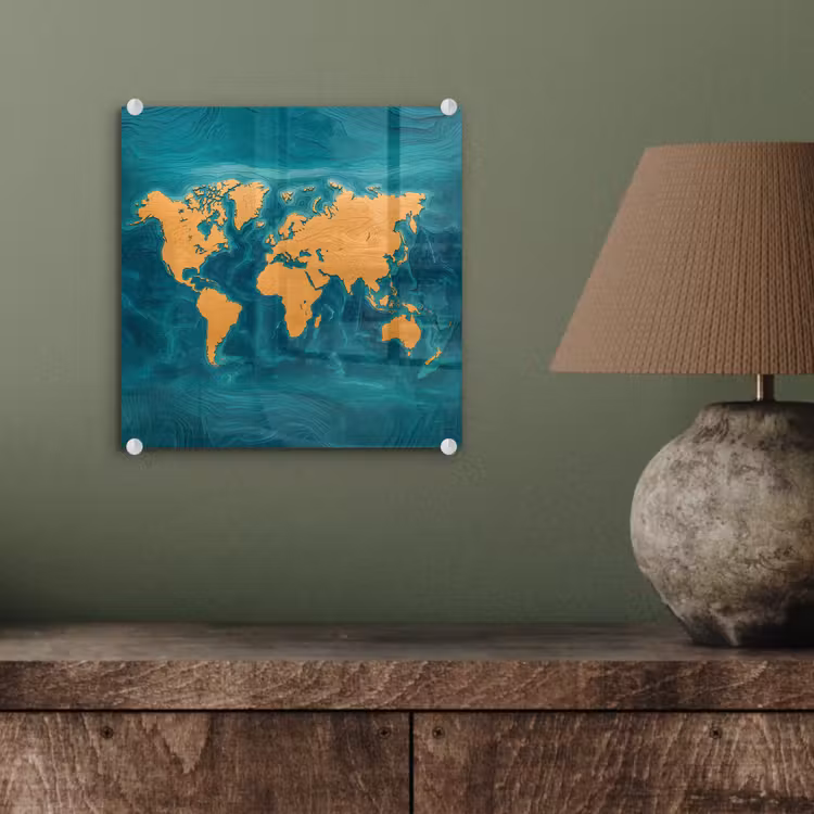 Wereldkaart - Houtsnede - Turkooisblauw plexiglas 5mm klein -sfeer3