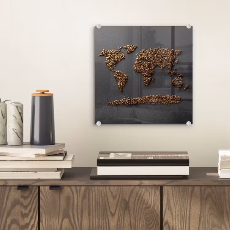 Wereldkaart - Koffie - Grijs plexiglas 5mm klein -sfeer1
