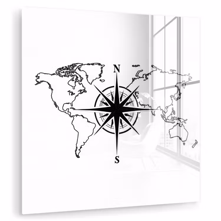 Wereldkaart - Kompas - Zwart - Wit plexiglas 5mm klein -zzzproduct_nieuw