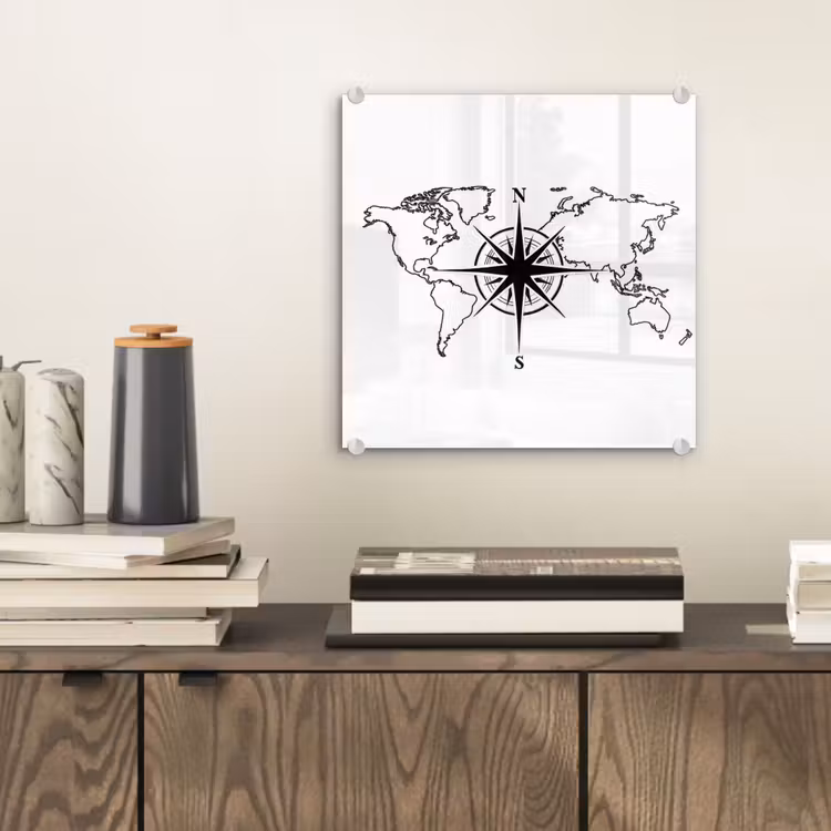 Wereldkaart - Kompas - Zwart - Wit plexiglas 5mm klein -sfeer1