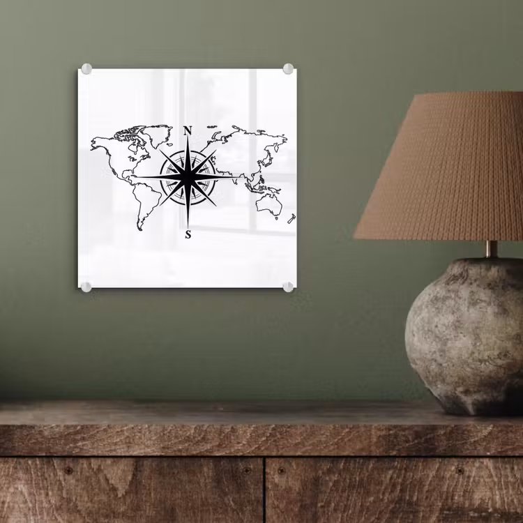 Wereldkaart - Kompas - Zwart - Wit plexiglas 5mm klein -sfeer3